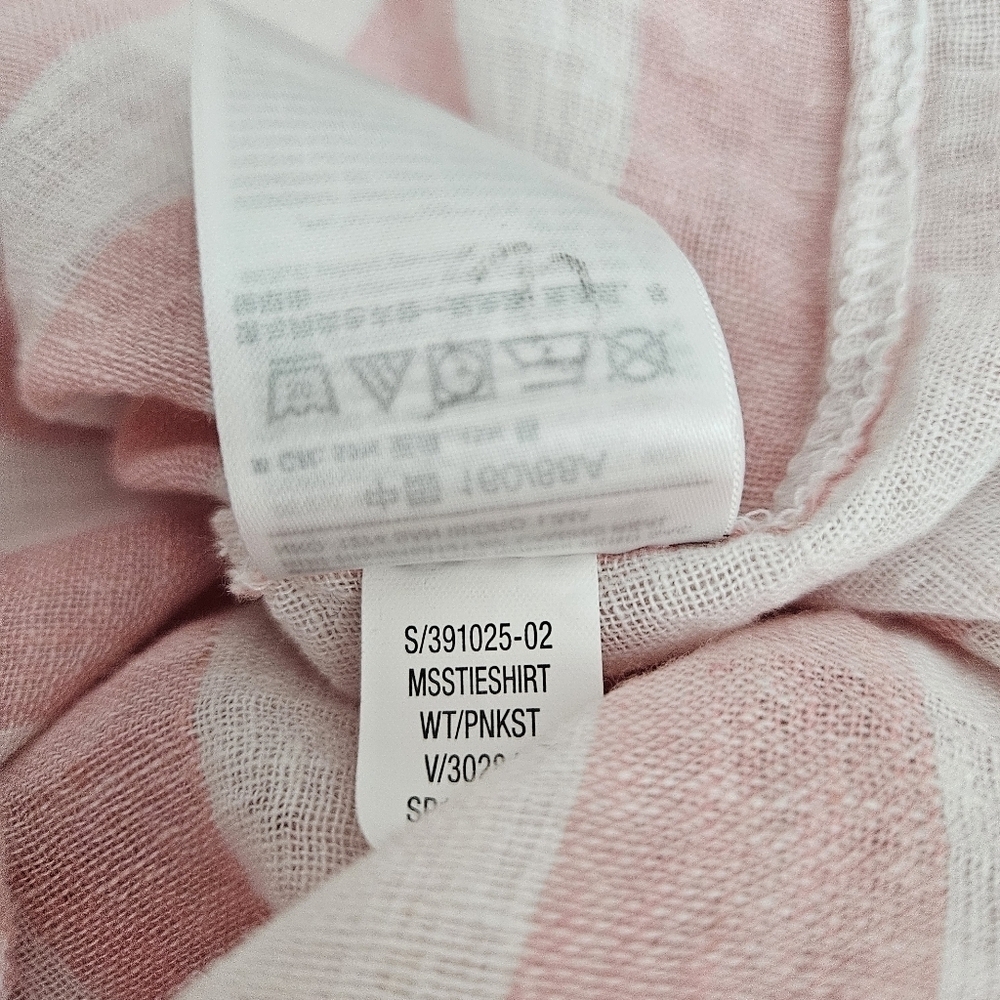 Old Navy Shirt Linen Pink Stripe Short Sleeve Button Up Collared Tie Knot Small - Picture 8 of 8